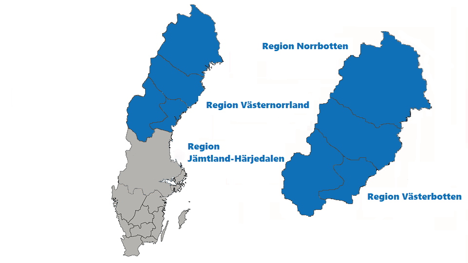 Sverigeskarta med tydlig markering över norra sjukvårdsregion