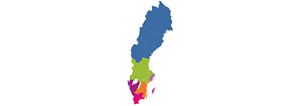 Sverigeskarta, sjukvårdsregioner är markerade med olika färger