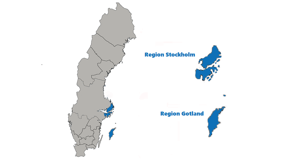 Sveriges karta med en tydlig markering över sjukvårdsregion Stockholm Gotland
