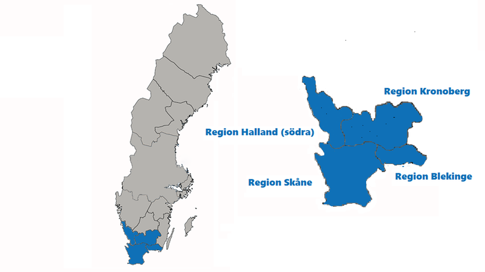 Sveriges karta med en tydlig markering över sjukvårdsregion syd