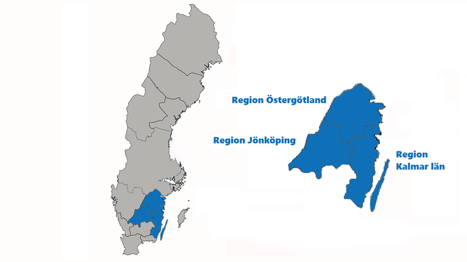Sveriges kart med en tydlig markering över sjukvårdsregion sydöst